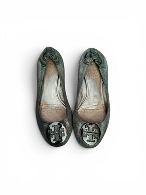 Tory Burch Metallic Green Logo Ballet Flats
